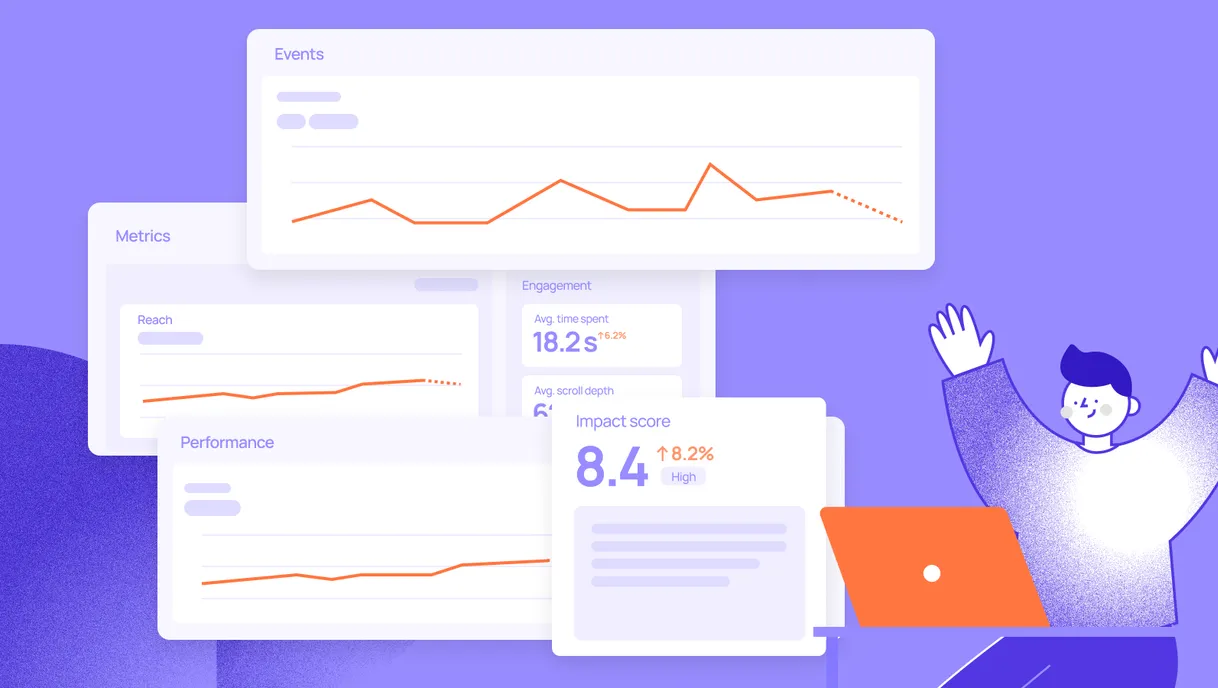 Events: an analytics dashboard scene features overlapping panels with orange line charts, including a prominent “Events” panel showing fluctuations and a projected decline, alongside other panels and a cheerful person with a bright orange laptop, all set against a purple background.