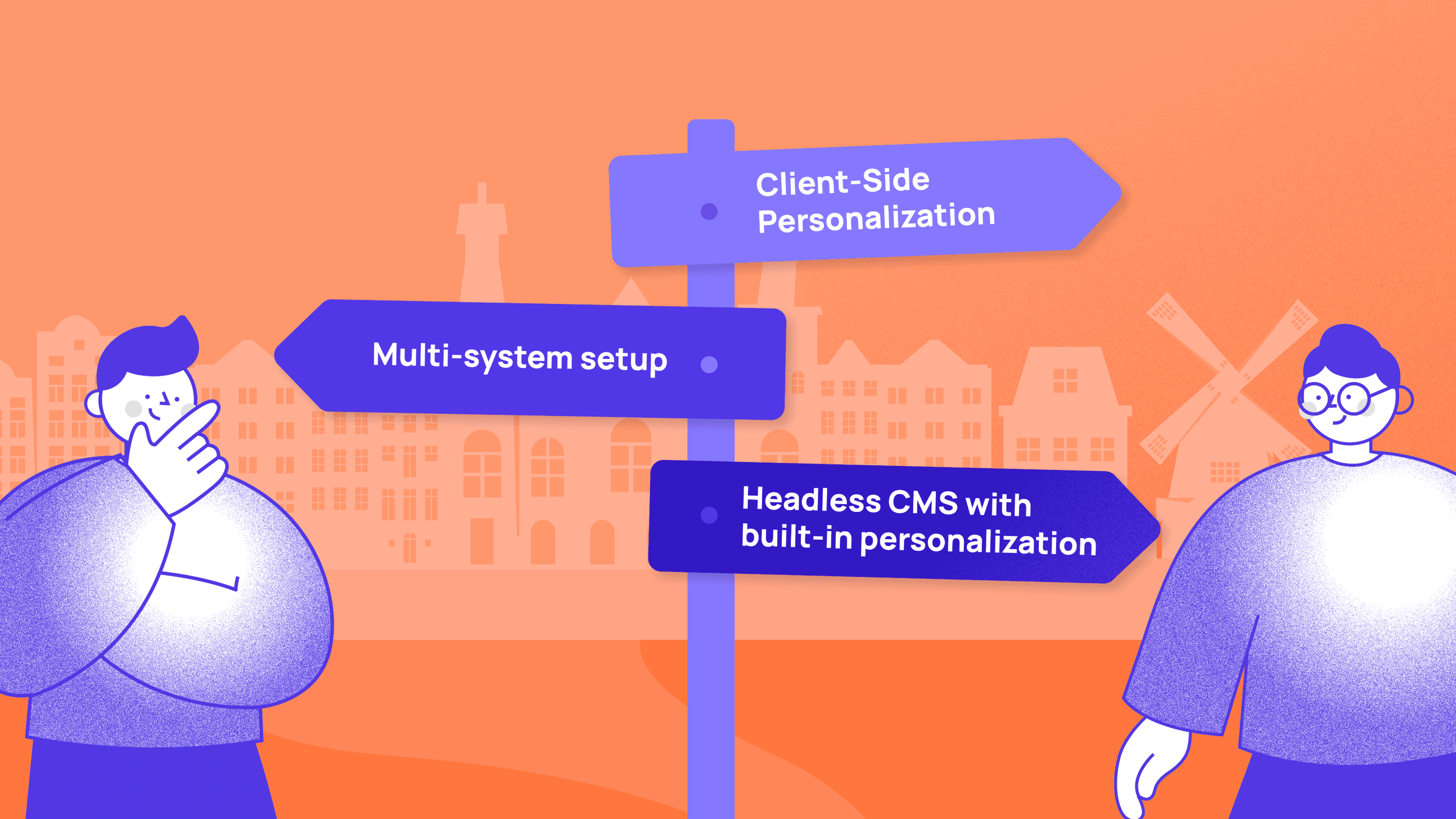 Illustration showing personalization options in a headless CMS setup, comparing client-side personalization, multi-system setups, and built-in personalization.
