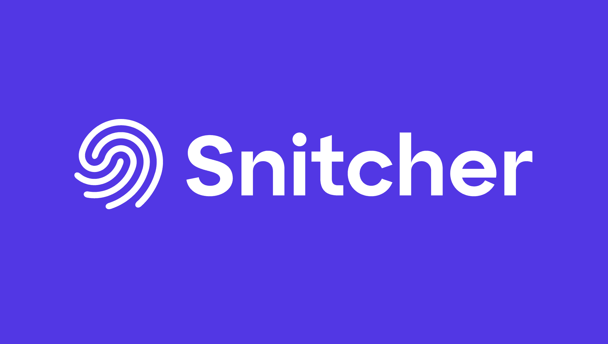 Snitcher: a clean, minimalist brand logo featuring a white stylized fingerprint icon inside a circle on the left, with the word “Snitcher” in large white sans-serif lettering to the right. The design is set on a solid purple background and the text is evenly spaced and centered horizontally.