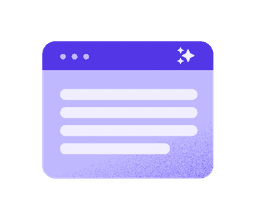 MacOS-style browser window illustration. It depicts a centered rounded-window UI on a black background, with a deep purple header containing three small circular buttons on the left and two white sparkle icons on the right, and a pale lavender content area with four horizontal pill-shaped text lines, the bottom line shorter, plus a diagonal grain texture in the bottom-right corner.