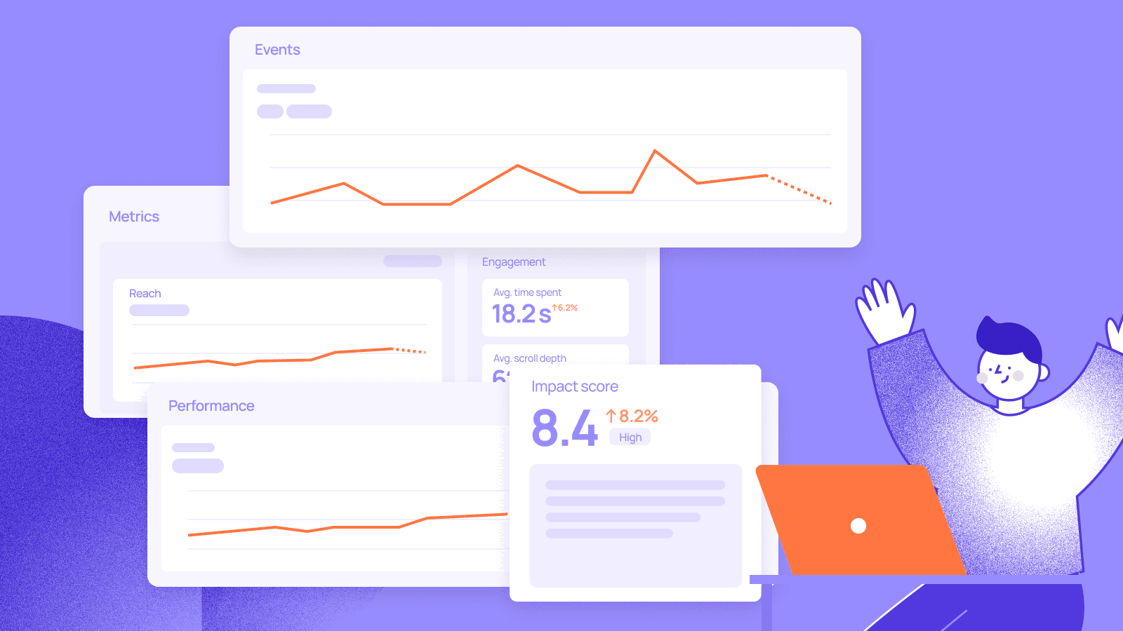 Events: an analytics dashboard scene features overlapping panels with orange line charts, including a prominent “Events” panel showing fluctuations and a projected decline, alongside other panels and a cheerful person with a bright orange laptop, all set against a purple background.