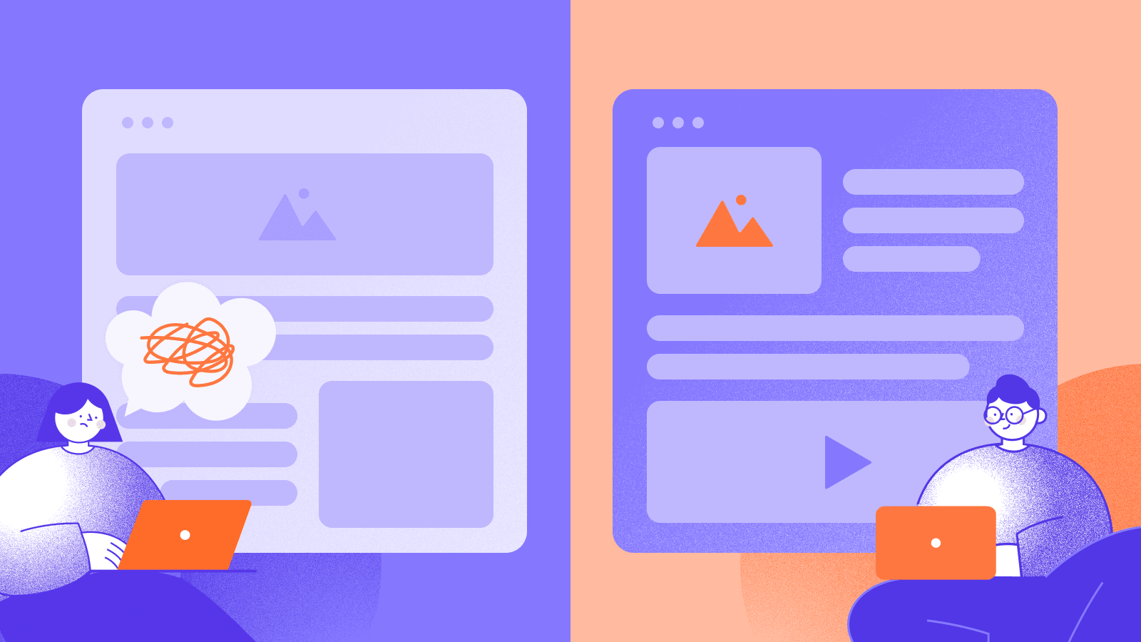 Illustration comparing a cluttered website on the left with a clean, structured website on the right, symbolizing data-driven CMS vs. complex multi-system DXP.