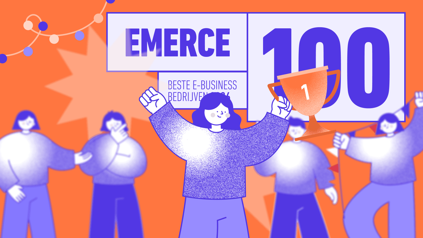 EMERCE 100: BESTE E-BUSINESS BEDRIJVEN is a celebratory awards moment. The central figure, a woman in purple attire, raises both fists in triumph beside an orange trophy marked with a white “1,” while clapping figures surround her in a festive, winner-announcement scene.