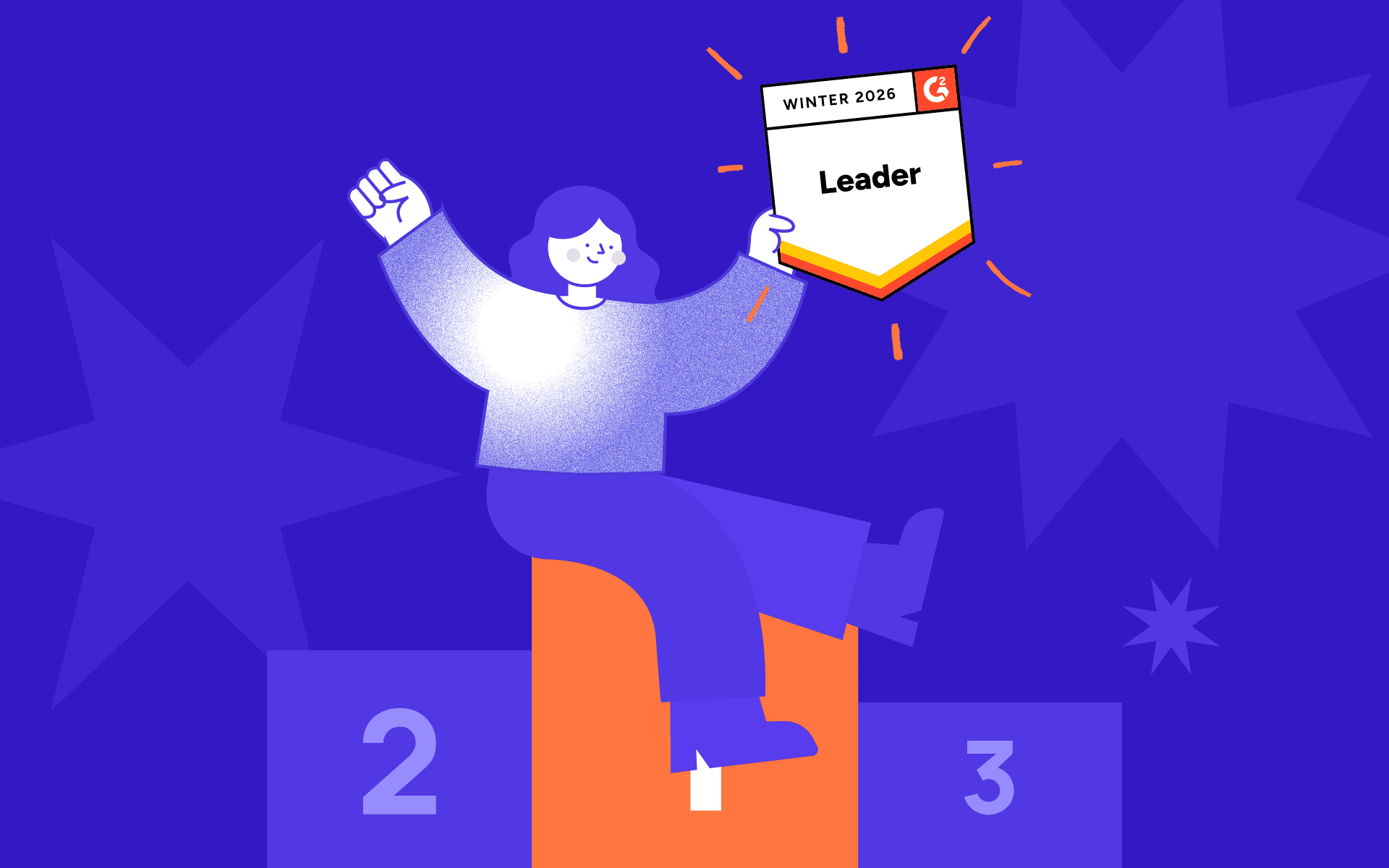 Illustration of a person celebrating on a podium while holding a G2 Leader Winter 2026 badge.