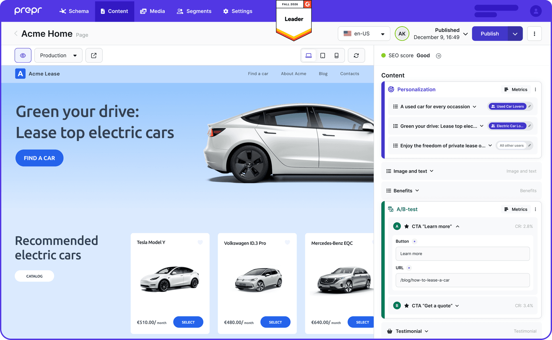 Acme Home: a desktop interface preview of a page editor showing a purple-themed editing environment. The live left canvas displays an “Acme Lease” webpage with a pale blue hero banner, a “FIND A CAR” button, and a side-view image of a white electric car, along with a “Recommended electric cars” section featuring three car cards and a left-side “CATALOG” button, while the right panel shows a Content settings area with personalization targeting and an A/B-test configuration.