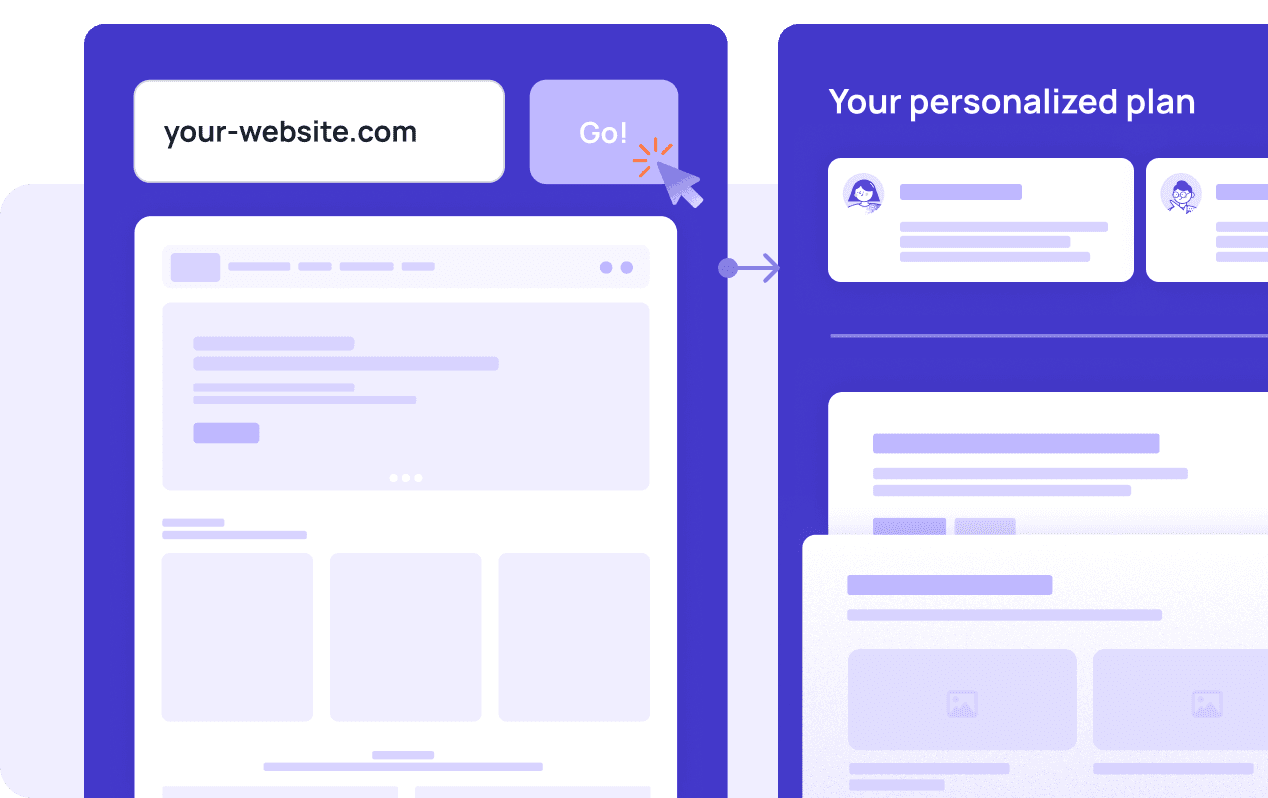 Your personalized plan. It depicts a user interface with two large web app panels: the left shows a browser-like page with an address field containing “your-website.com” and a clickable “Go!” button, while the right panel titled “Your personalized plan” presents card-style sections with user icons and placeholder lines, suggesting dynamically generated, tailored recommendations.