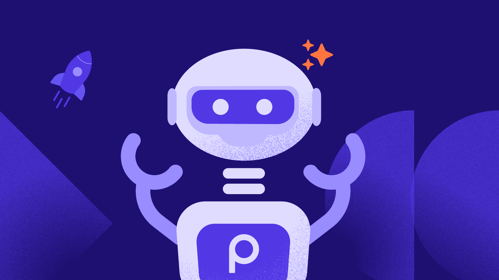 Robot portrait: A friendly purple-and-lavender robot stands centered on a deep navy background, featuring a rounded helmet-like head with a dark visor and two simple eyes, stacked neck bands, a torso with a stylized lowercase “p” badge, and raised curved arms in a welcoming gesture, with subtle speckled shading for texture. A small purple rocket icon in the upper left and three orange star-shaped sparkles near the upper right enhance the playful, space-themed mood.