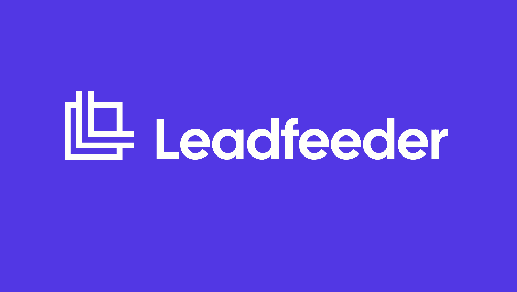 Leadfeeder: A simple brand graphic on a bright purple background featuring a white geometric “L”-like mark and the word “Leadfeeder” in large, rounded sans-serif lettering.