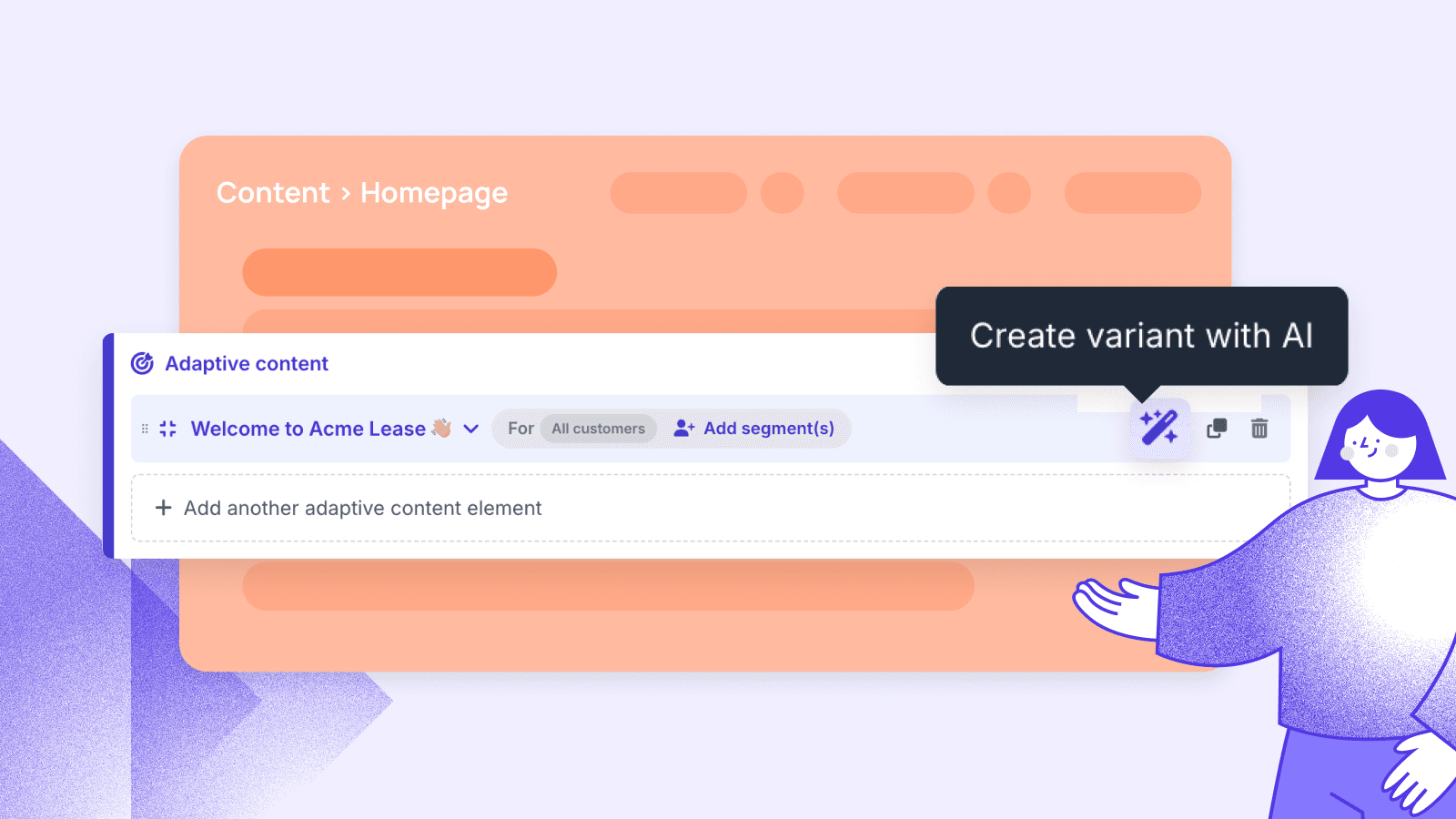 AI-generated content variants in Prepr CMS interface, showing adaptive content editing with AI-powered personalization for different audience segments.