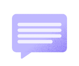 Twitter-style: A minimalist flat illustration features a large lavender speech-bubble icon centered on a black background, with rounded corners and a small tail at the lower left. Inside are four white pill-shaped bars of varying lengths suggesting lines of text, while the lower-right portion fades into a blue-violet speckled texture.
