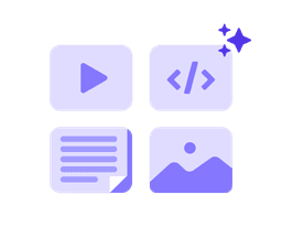 Playful UI icon set: a simple, flat illustration on a black background features four pale lavender rounded tiles in a 2×2 grid, each with a darker purple symbol—play, code brackets with a diagonal slash, a document with lines and a folded corner, and an image placeholder with mountains and a sun/moon—plus three small purple sparkle shapes near the top-right, giving a polished, modern feel.