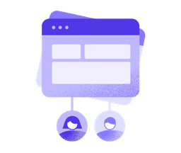 A large, stylised web page or browser window with a dark header, three small circular window controls, and pale content tiles forms the primary subject, with a second offset panel suggesting layered pages. From the bottom edge of the main window, two thin vertical lines lead to two circular user icons, implying different audience members linked to the same content.