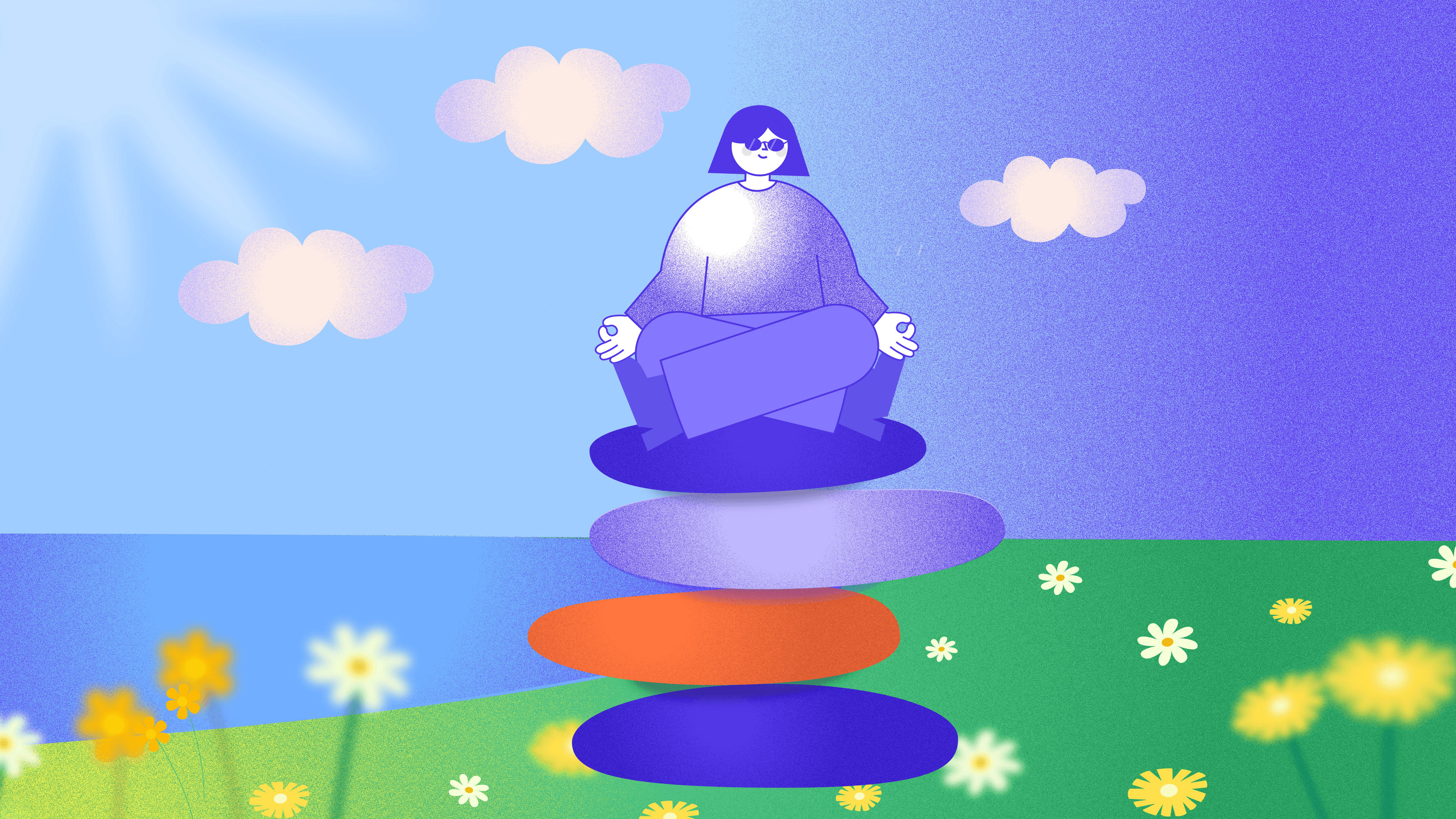 A calm, stylised illustration depicts a person levitating in a cross-legged meditation pose, above a stack of three oval balancing stones colored pale lavender, bright orange, and deep indigo. The tranquil outdoor scene features a split blue–purple sky, a green meadow with small white and yellow flowers, and a soft shadow beneath the stones.