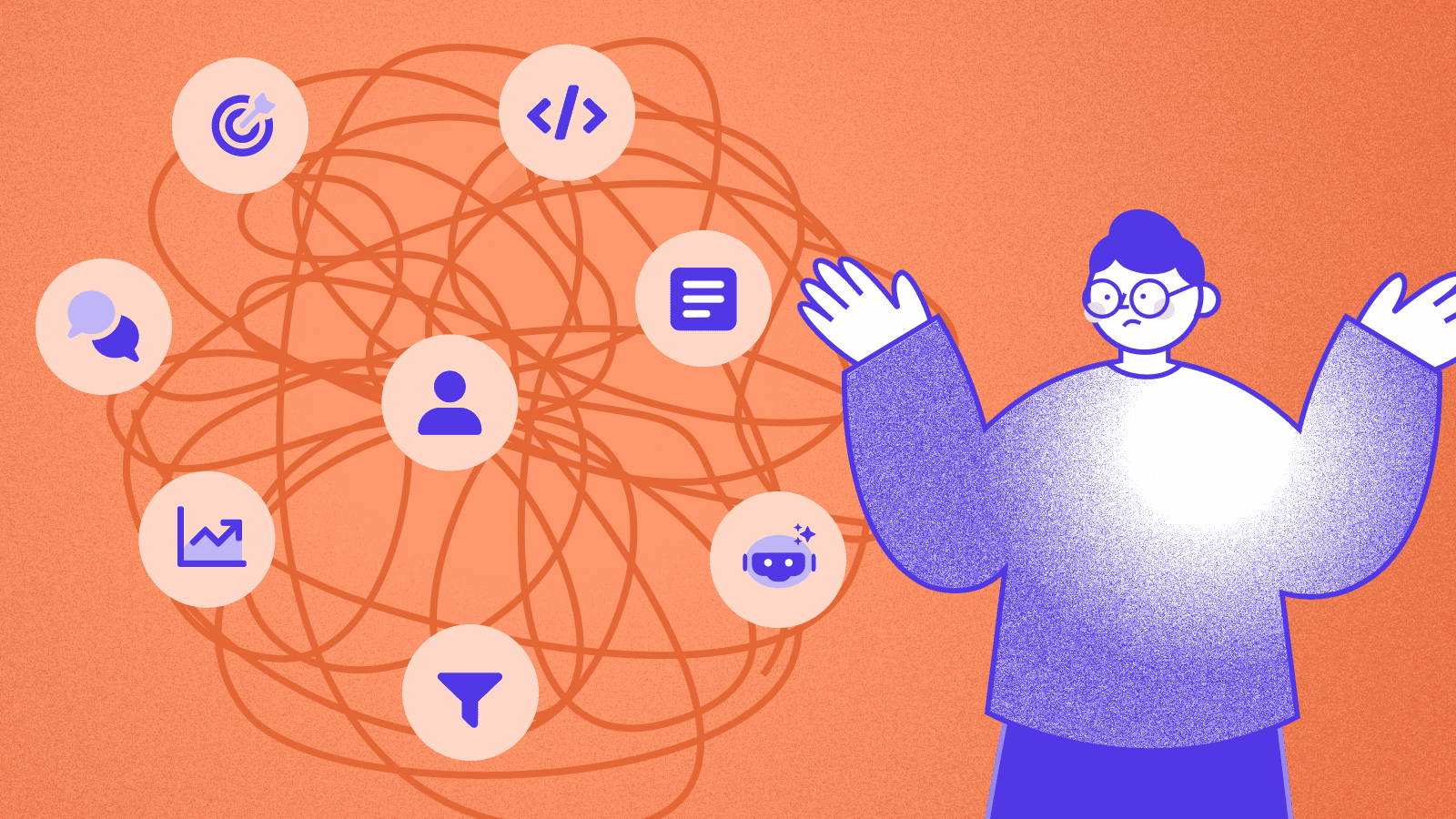 Spaghetti of digital connections: a leftward tangle of interwoven lines layered with pale circular icons for tools, contrasted by a cartoon person on the right with a worried expression and raised hands in a purple jumper.