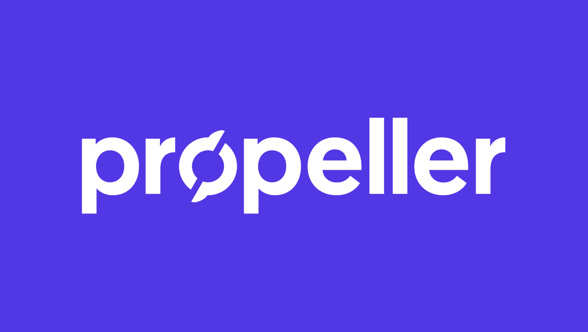 Propeller: a brand-style graphic featuring a solid purple background with the word “propeller” in large, bold, white lowercase letters centered across the image; the “o” is stylized as a circular propeller-like symbol with two curved cut-outs suggesting rotation, while the remaining letters are clean and rounded in a modern sans-serif style.
