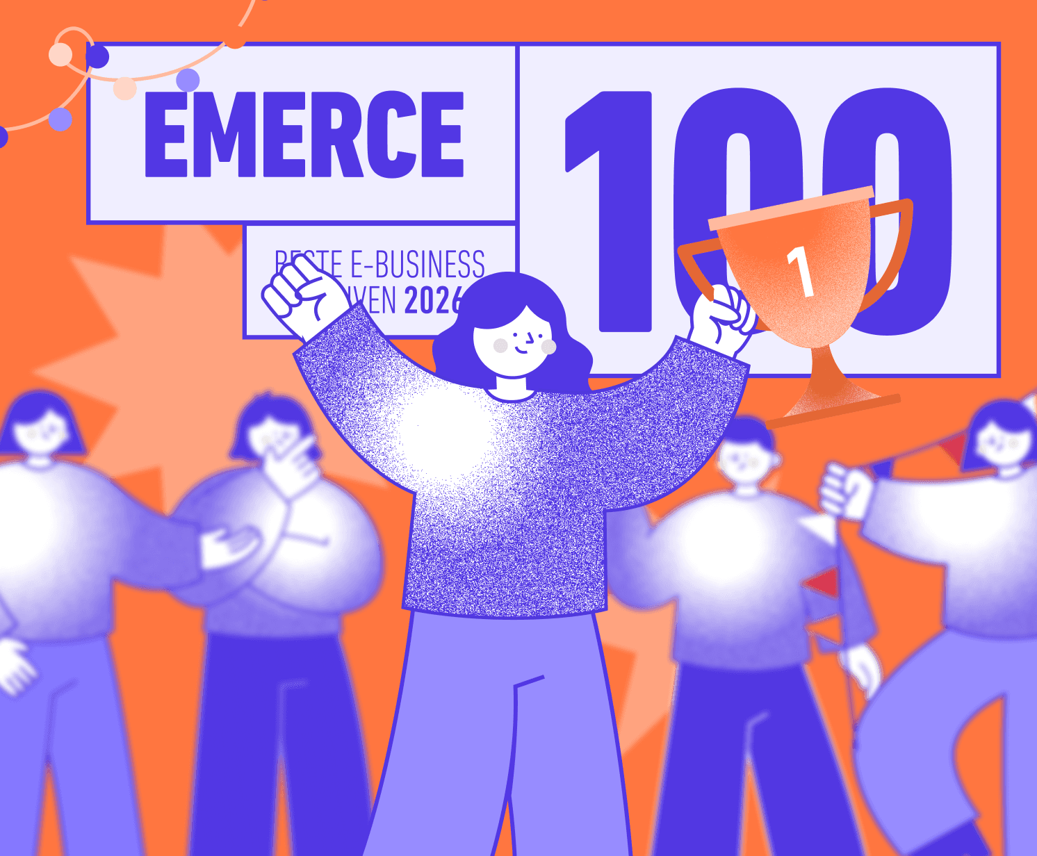 Emerce 100 awards moment. The illustration centers on a smiling female-presenting figure celebrating in front of bold panels reading “EMERCE” and “100,” with an orange trophy marked “1” foregrounding the scene to convey a first-place win.