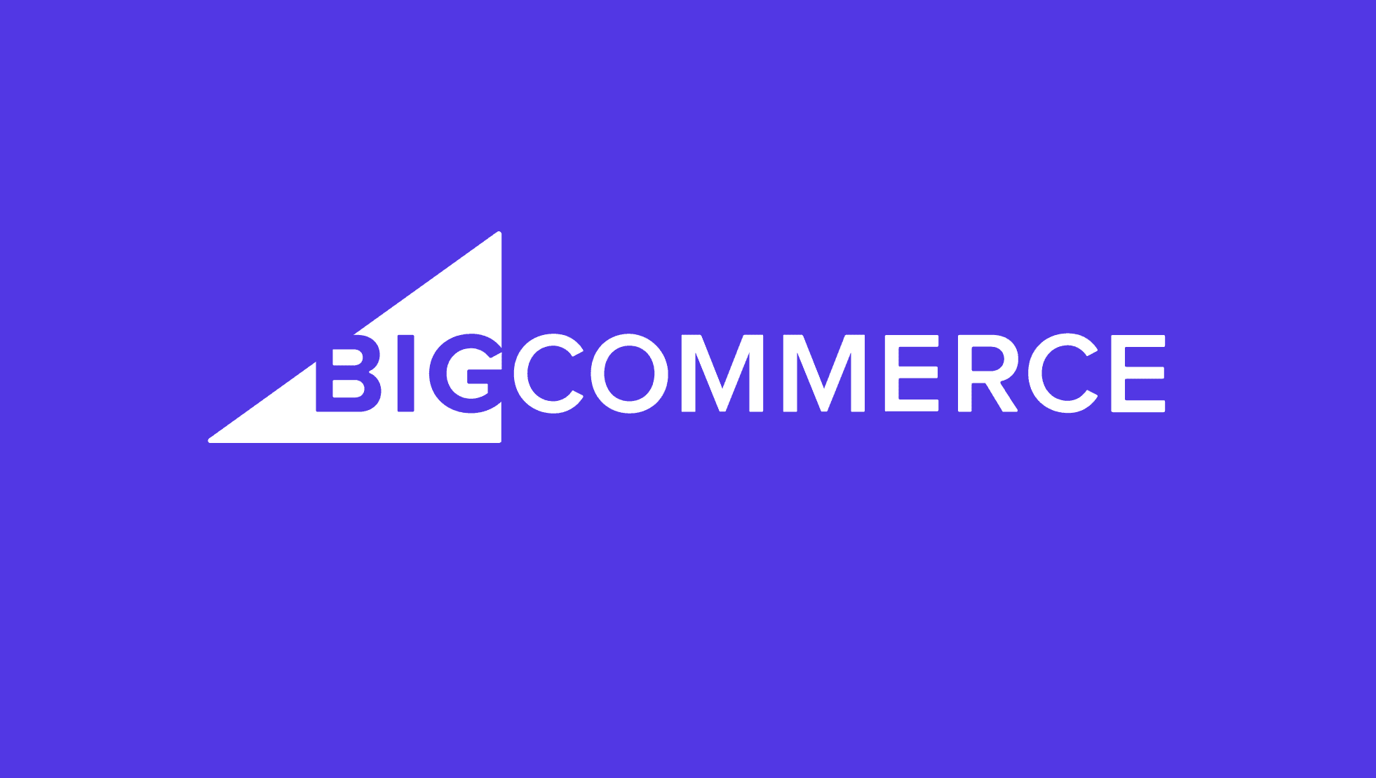 BigCommerce logo. A simple corporate emblem featuring BigCommerce’s white angular triangular mark centered on a solid violet-purple background, with the word “BIGCOMMERCE” in all-capital white sans-serif lettering to the right.
