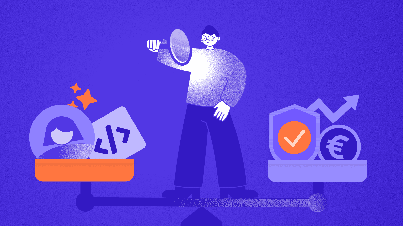 Prepr CMS illustration: A flat, stylised balance beam scene on a purple gradient, depicting a central figure with a magnifying glass evaluating technical and business elements balanced against financial and growth indicators. The beam sits level, suggesting weighing technical/user aspects against verified financial and growth benefits.