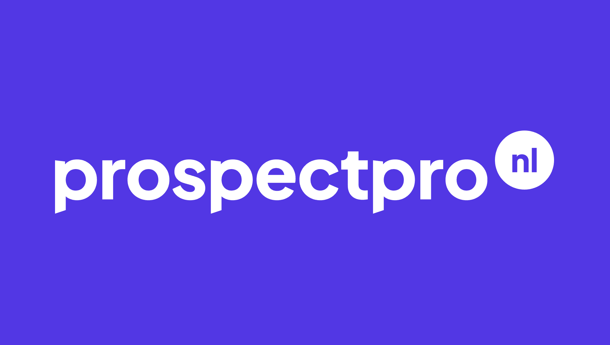 Prospectpro: a clean, minimalist brand graphic on a solid purple background featuring a large white sans-serif wordmark reading “prospectpro” with a white circular badge at the far right containing “nl” in purple, and smaller white text beneath reading “door Bedrijfsdata.nl.”