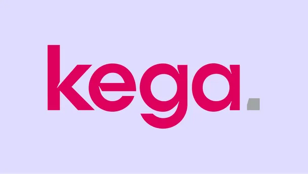 Kega. is described as a minimalist wordmark centered on a pale lavender background, using large, bold, lowercase letters in bright magenta with clean, rounded sans-serif shapes and a tall, angular “k”; a small grey square-like dot to the right of the text denotes the final full stop.
