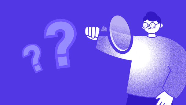 Question marks and a concerned-looking individual: a monochrome purple illustration depicts a young person on the right, with short dark hair and round glasses, holding up a large magnifying glass as if examining something to the left, while two oversized question marks float to the left against a plain purple background. The shading uses soft gradients and a speckled texture to convey a sense of uncertainty or investigation.