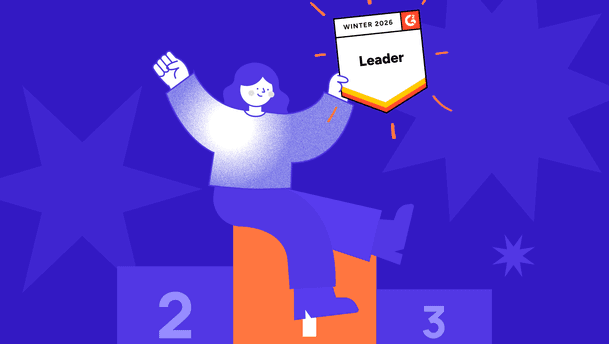 Illustration of a person celebrating on a podium while holding a G2 Leader Winter 2026 badge.