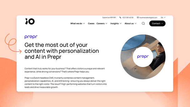 Prepr is a Dutch headless CMS highlighted in the hero as a platform for managing content, personalisation, AI, and A/B testing to deliver relevant experiences and drive conversions and growth. The layout features a large circular right-side image with an adult man working on a laptop in a modern office, overlaid with the prepr logo.