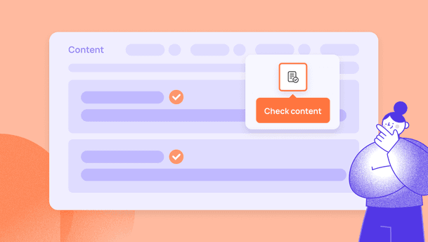 Illustration showing a person reviewing a content dashboard with a “Check content” button, representing Prepr’s Content Check feature for quality control in a headless CMS.