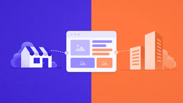 A flat vector illustration shows a digital platform connecting a small shop with larger businesses, depicted with a striped-awning storefront on the left and several modern office buildings on the right, linked by white dotted lines to a central browser window. The browser displays abstract image tiles and content bars, with a purple-blue and orange vertical split background and simplified trees and clouds adding depth.