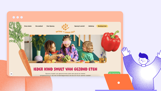 Spoony’s website homepage with playful branding, children cooking, and healthy food visuals.