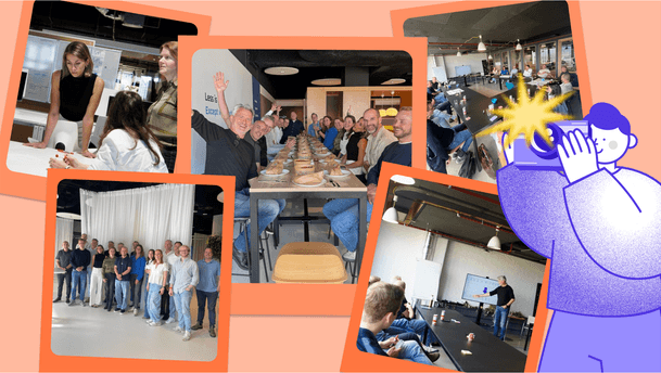 “The image collage depicts a modern office environment during multiple group activities.” It highlights a workplace team gathering with various scenes, including brainstorming near a whiteboard, a communal meal, a conference meeting, a group portrait, and a presenter before a screen in adjacent rooms.