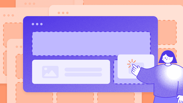 Illustration of a marketer assembling landing page components with a headless CMS, representing scalable landing page personalization and a data-driven CMS.