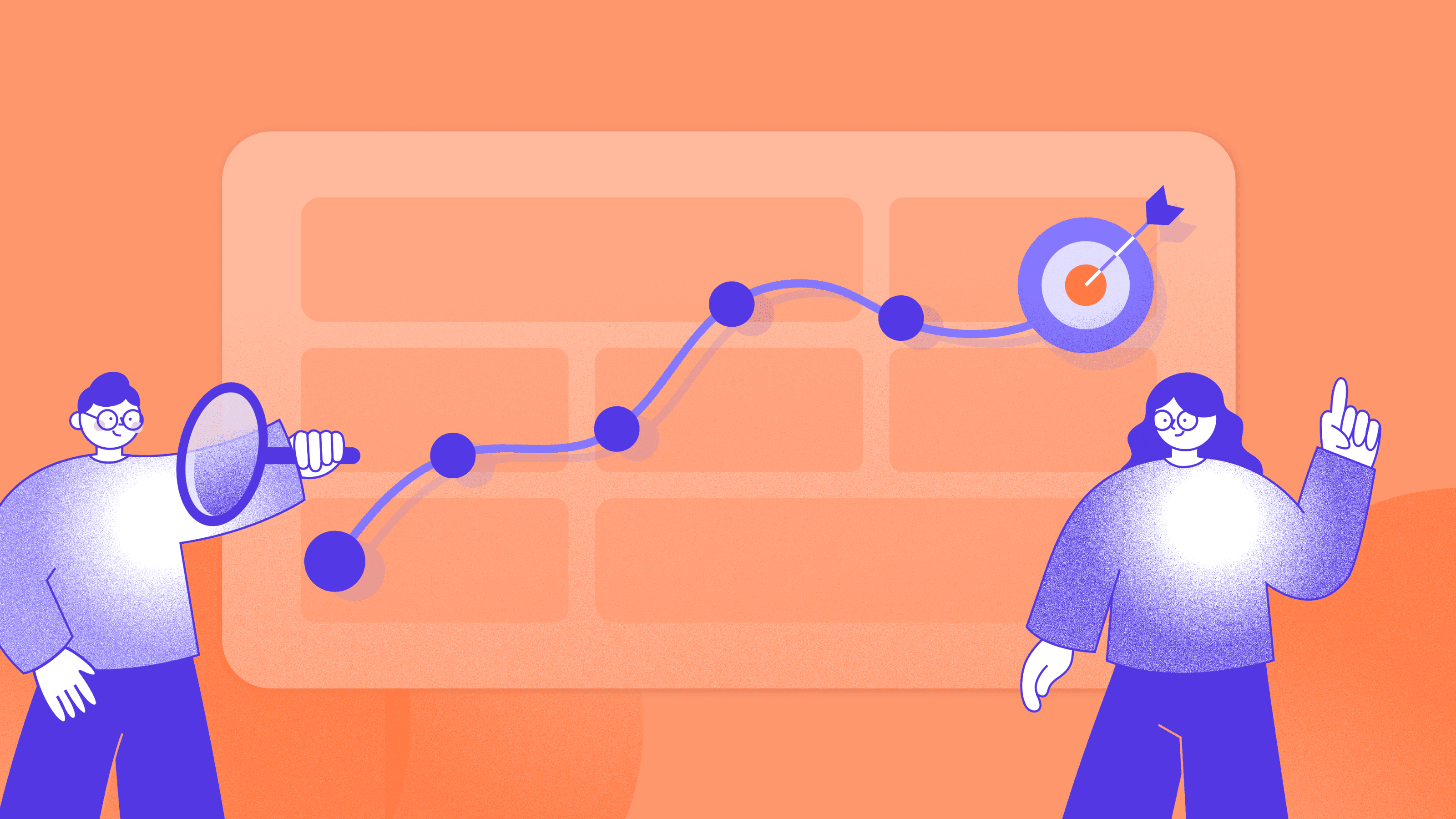 Illustration of marketers analyzing growth metrics and strategy planning for adaptive websites, highlighting personalization, data-driven insights, and optimization.
