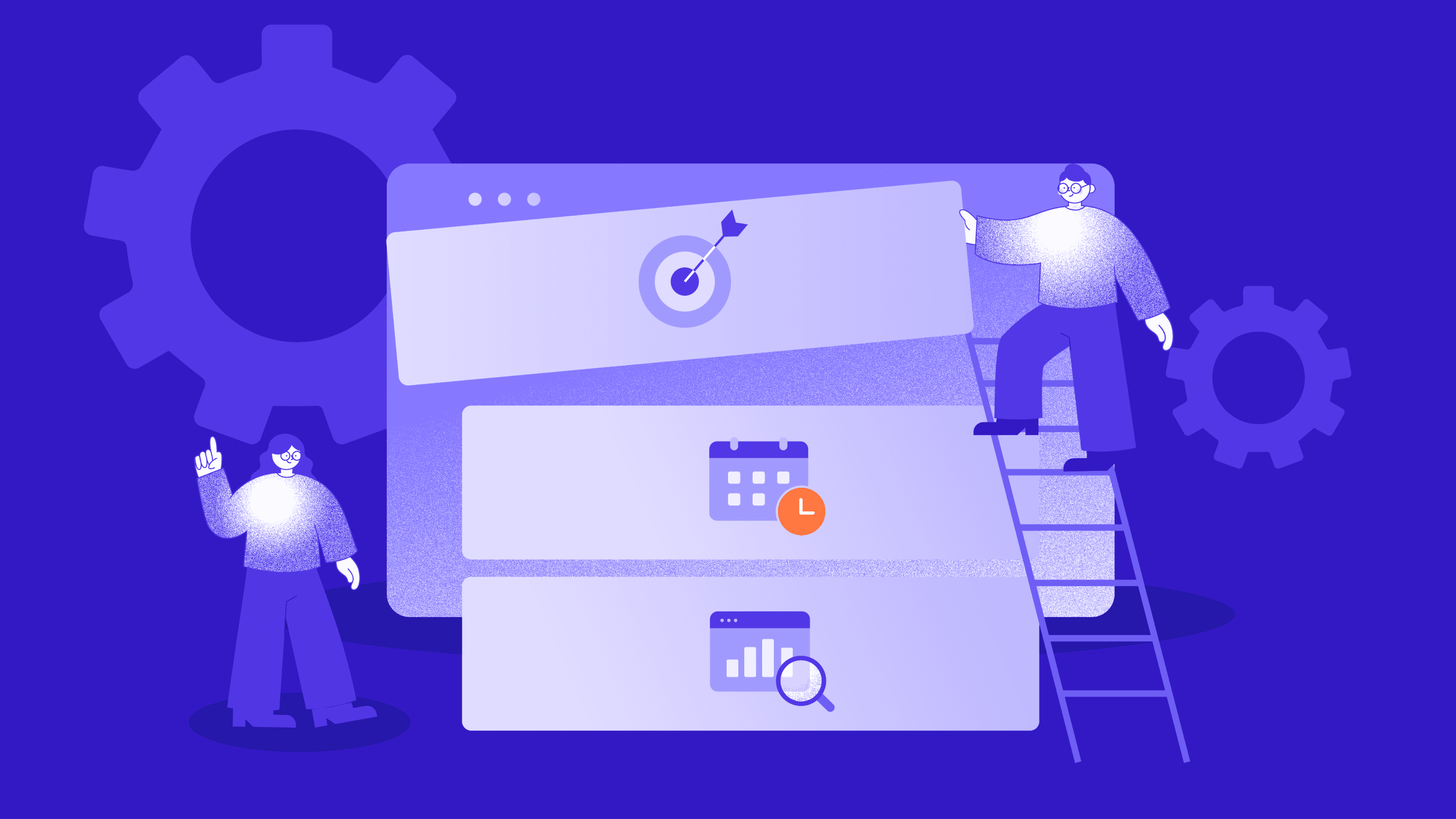 Illustration of a team building adaptive websites with planning, strategy, and optimization tools, representing steps to create a future-proof personalized site.