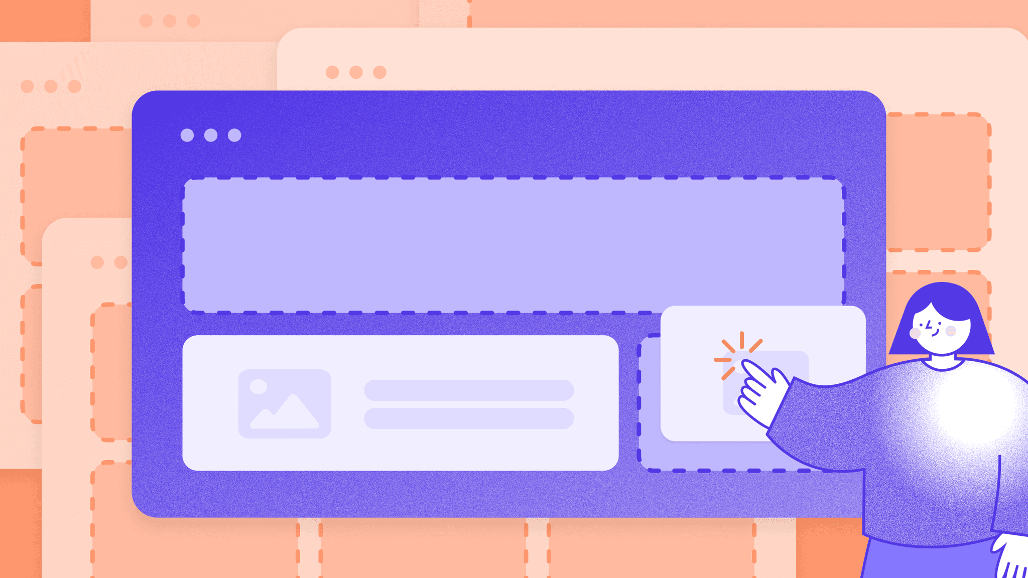Illustration of a marketer assembling landing page components with a headless CMS, representing scalable landing page personalization and a data-driven CMS.
