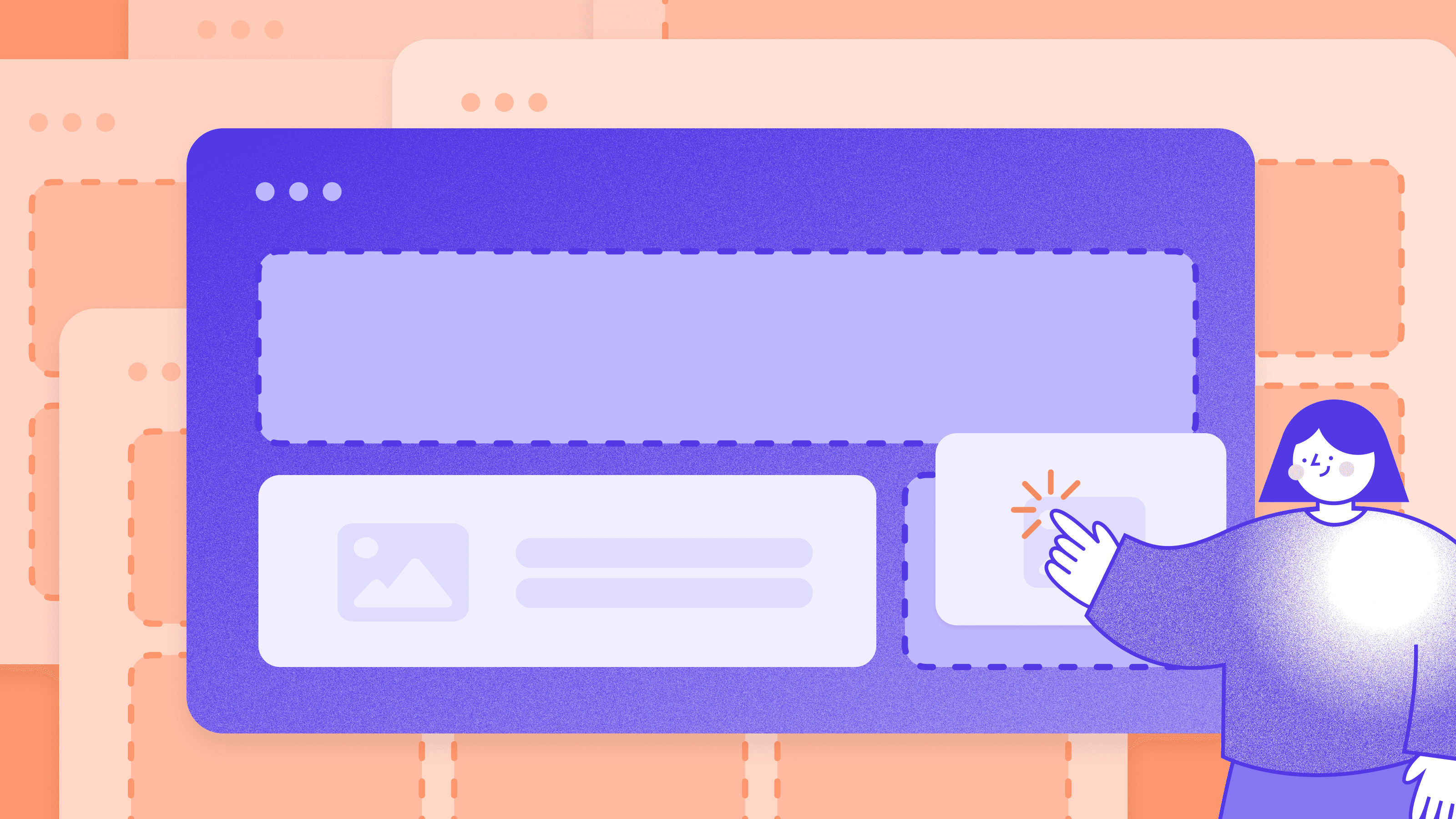 Illustration of a marketer assembling landing page components with a headless CMS, representing scalable landing page personalization and a data-driven CMS.