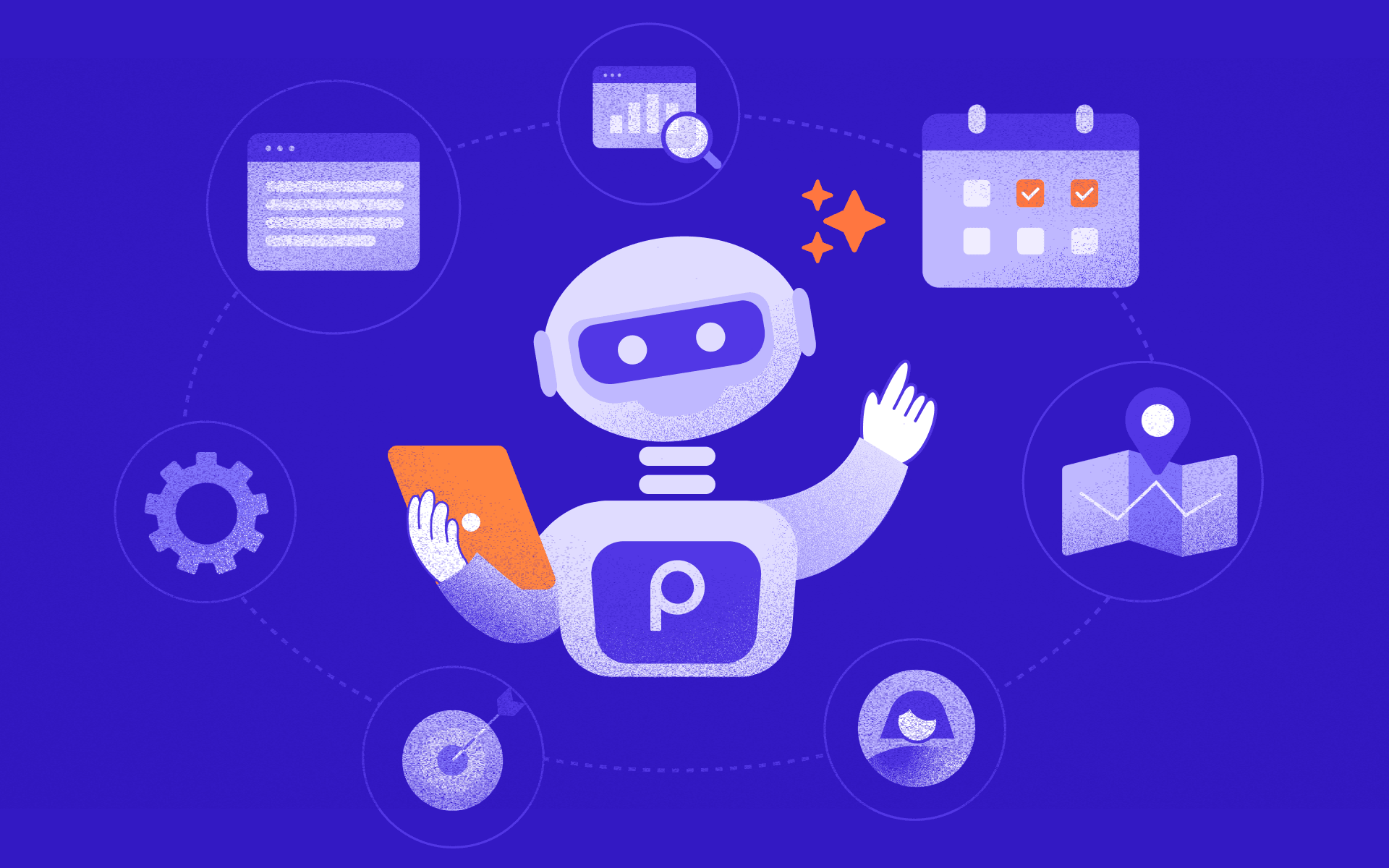 Prepr’s AI assistant illustration. It depicts a stylised white-and-purple robot holding an orange tablet and waving, surrounded by connected workflow icons—text, analytics, calendar, map, user, target, and settings—suggesting automated coordination of content, analysis, scheduling, and personalisation.