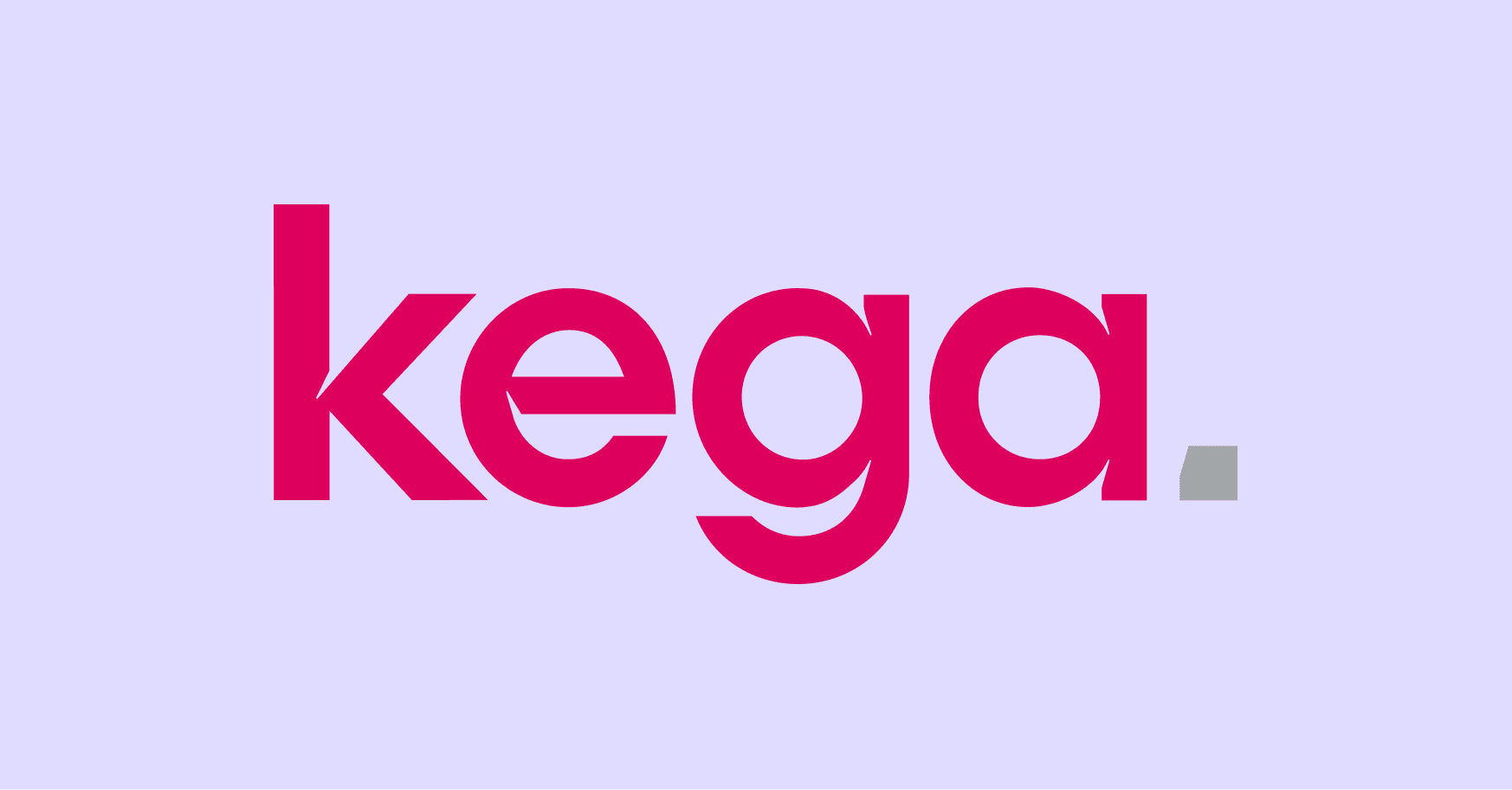 Kega. is described as a minimalist wordmark centered on a pale lavender background, using large, bold, lowercase letters in bright magenta with clean, rounded sans-serif shapes and a tall, angular “k”; a small grey square-like dot to the right of the text denotes the final full stop.