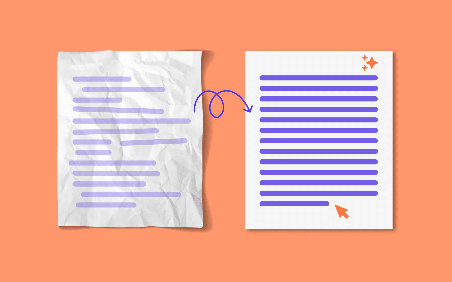 Before and after editing concept: a two-page illustration on a warm peach background shows a crumpled off-white sheet with purple scribbles transitioning to a neat white page with evenly spaced bold purple lines, linked by a curved purple arrow and accented by a sparkle and an orange cursor to suggest digital refinement.