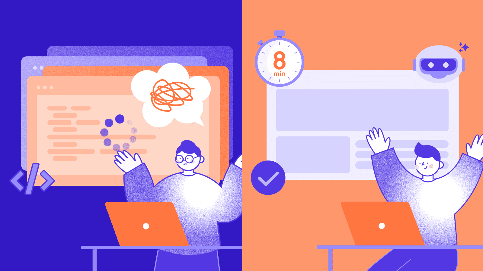 From tangled process to polished result: a split-screen illustration contrasts two website-building stages, with the left showing a person at a desk in front of a laptop amid code-like lines and confusion, and the right depicting a cleaner layout, AI-assisted progress, and a celebratory figure.