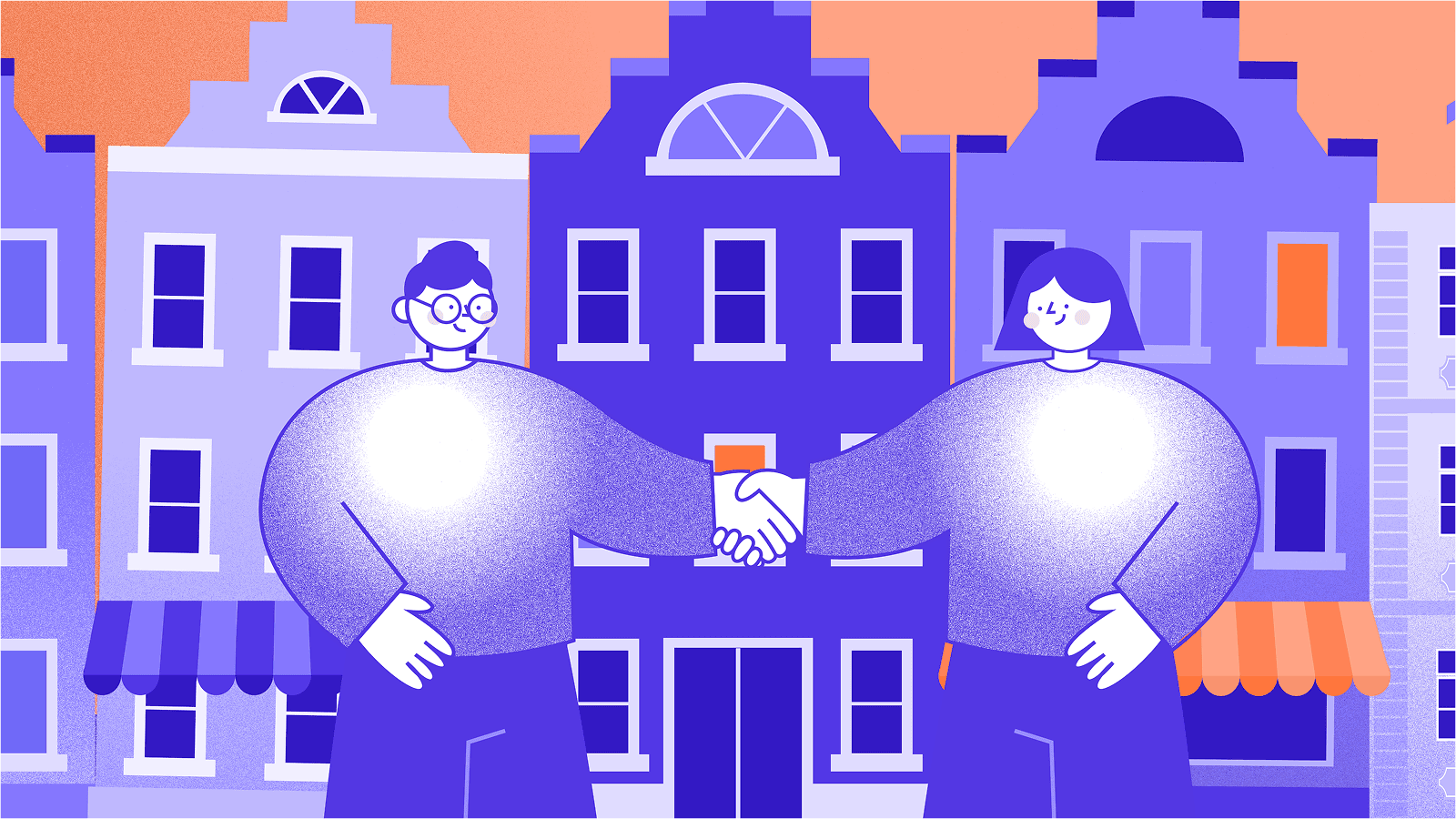 Handshake agreement. A stylised, flat-vector illustration shows two cartoon adults in the foreground meeting in a firm handshake, with one on the left having short hair and glasses and the other on the right with a bob haircut, both in textured purples. Behind them is a streetscape of violet and blue townhouse-style buildings, with shopfronts and a warm peach-to-orange sky.