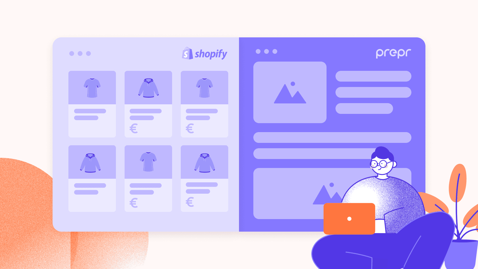Illustration showing the Shopify and Prepr integration. A user manages products and content side by side, connecting e-commerce with storytelling in one workflow.