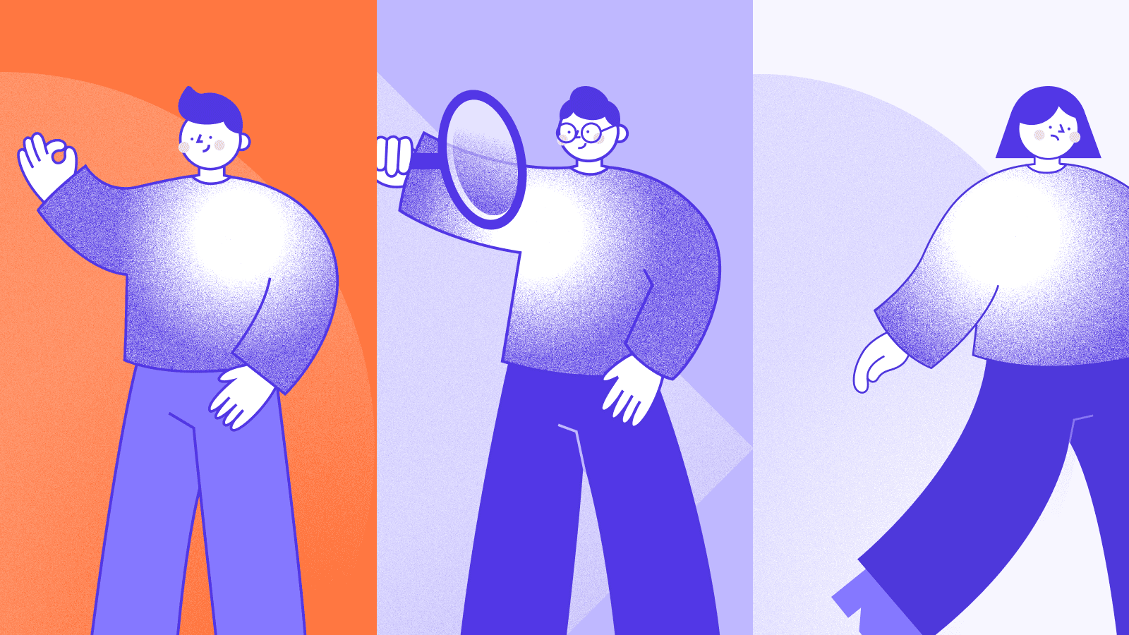 Illustration of three website visitors showing different behaviors—ready to buy, researching, and not interested—representing visitor intent diversity.