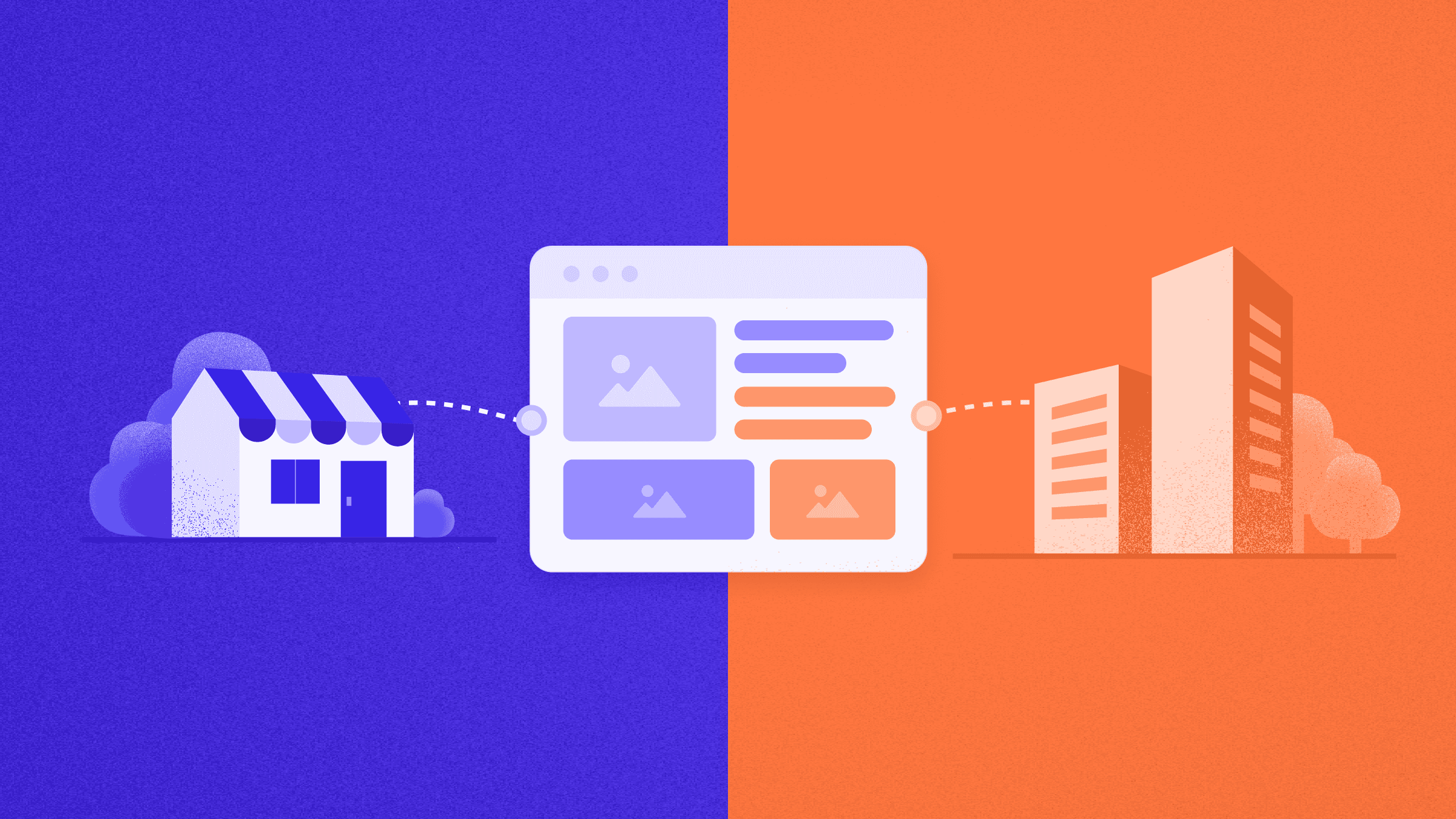 A flat vector illustration shows a digital platform connecting a small shop with larger businesses, depicted with a striped-awning storefront on the left and several modern office buildings on the right, linked by white dotted lines to a central browser window. The browser displays abstract image tiles and content bars, with a purple-blue and orange vertical split background and simplified trees and clouds adding depth.