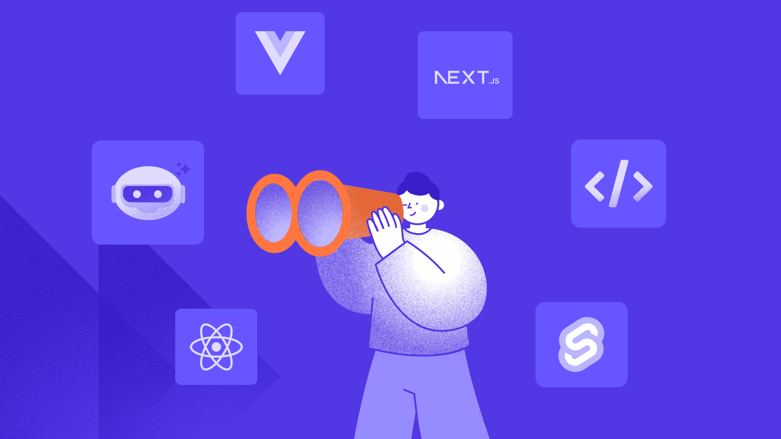 Illustration of a developer looking through binoculars surrounded by icons for React, Vue, Next.js, Svelte, AI tools, and code symbols, representing frontend development trends for 2026.