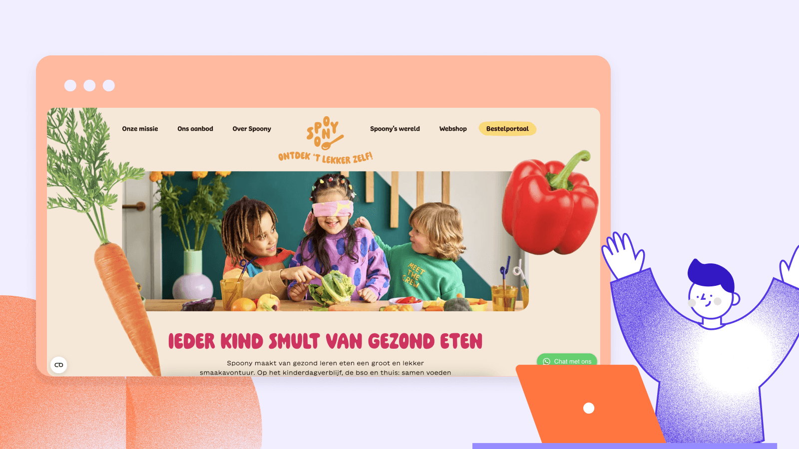 Spoonyâs website homepage with playful branding, children cooking, and healthy food visuals.