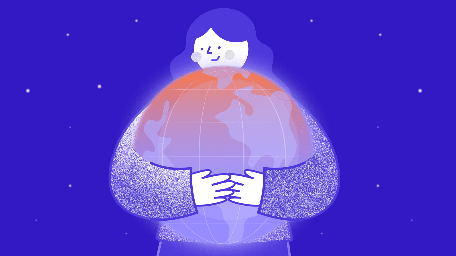 The image centers on a young person gently hugging a large, semi-transparent globe, held against their chest with hands clasped at the front, the globe featuring faint latitude/longitude lines and a warm orange-red upper tint. The scene conveys a calm, climate-focused moment set against a deep blue-purple night sky.