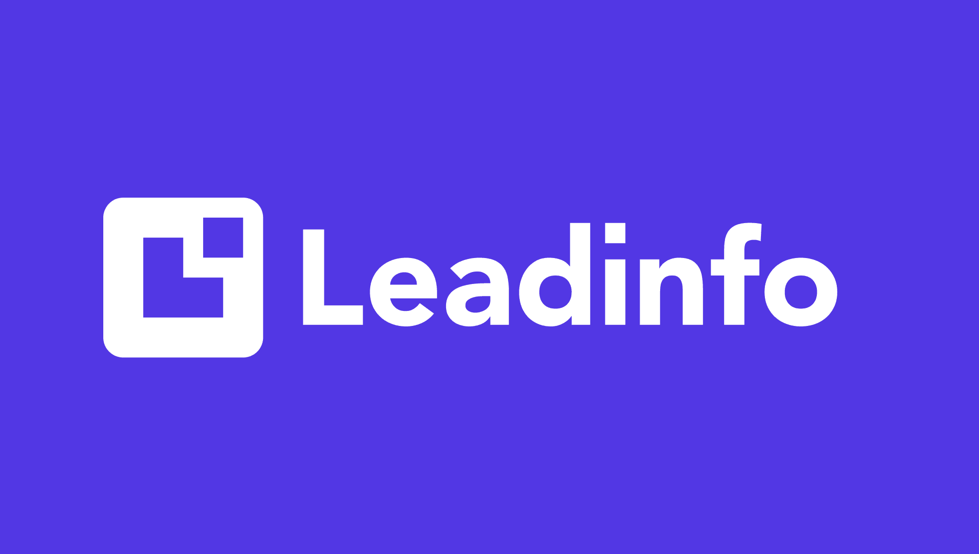 Leadinfo: a clean, minimalist brand graphic on a violet-purple background featuring the white Leadinfo logo centered horizontally, with a rounded-square icon on the left and the word "Leadinfo" in bold sans-serif type; a thin black strip runs along the bottom edge.