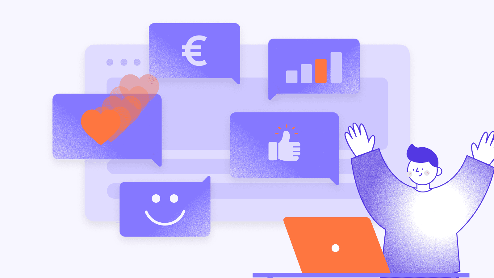 Illustration of a happy user with a laptop, surrounded by icons of hearts, likes, charts, and revenue, representing how website personalization boosts engagement and conversion rates with Prepr.