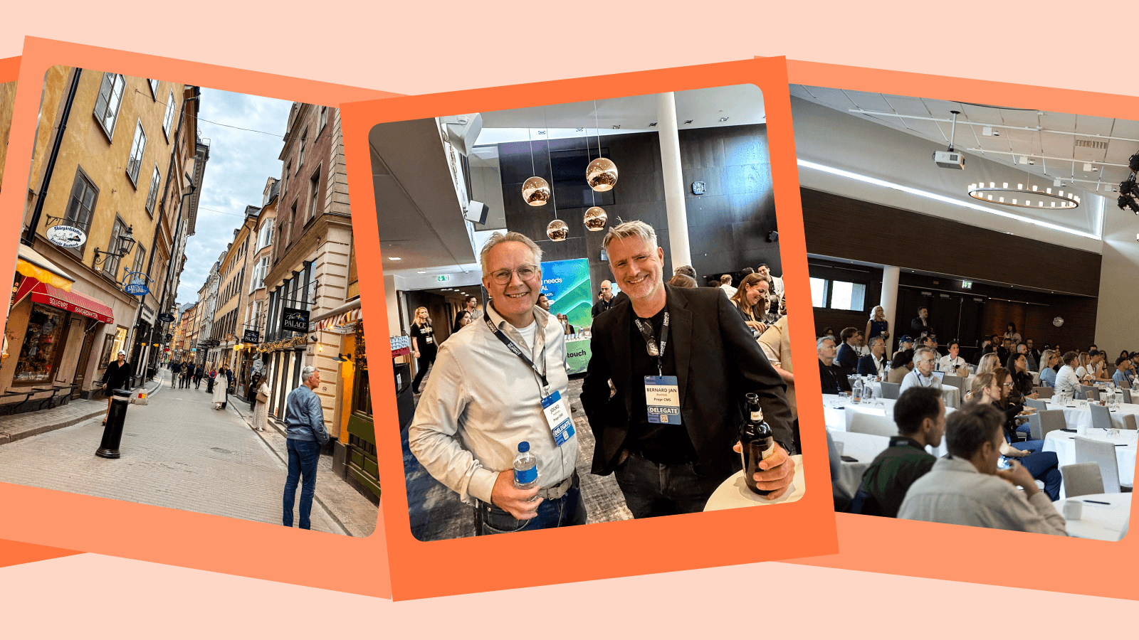 “DELEGATE” badges: a collage frame recap of an event. The left panel depicts a daytime street scene with narrow pedestrian lanes and older buildings, the center panel shows two middle-aged men in conference networking area wearing delegate badges, and the right panel presents a busy conference room with delegates seated at round tables facing a speaker area.